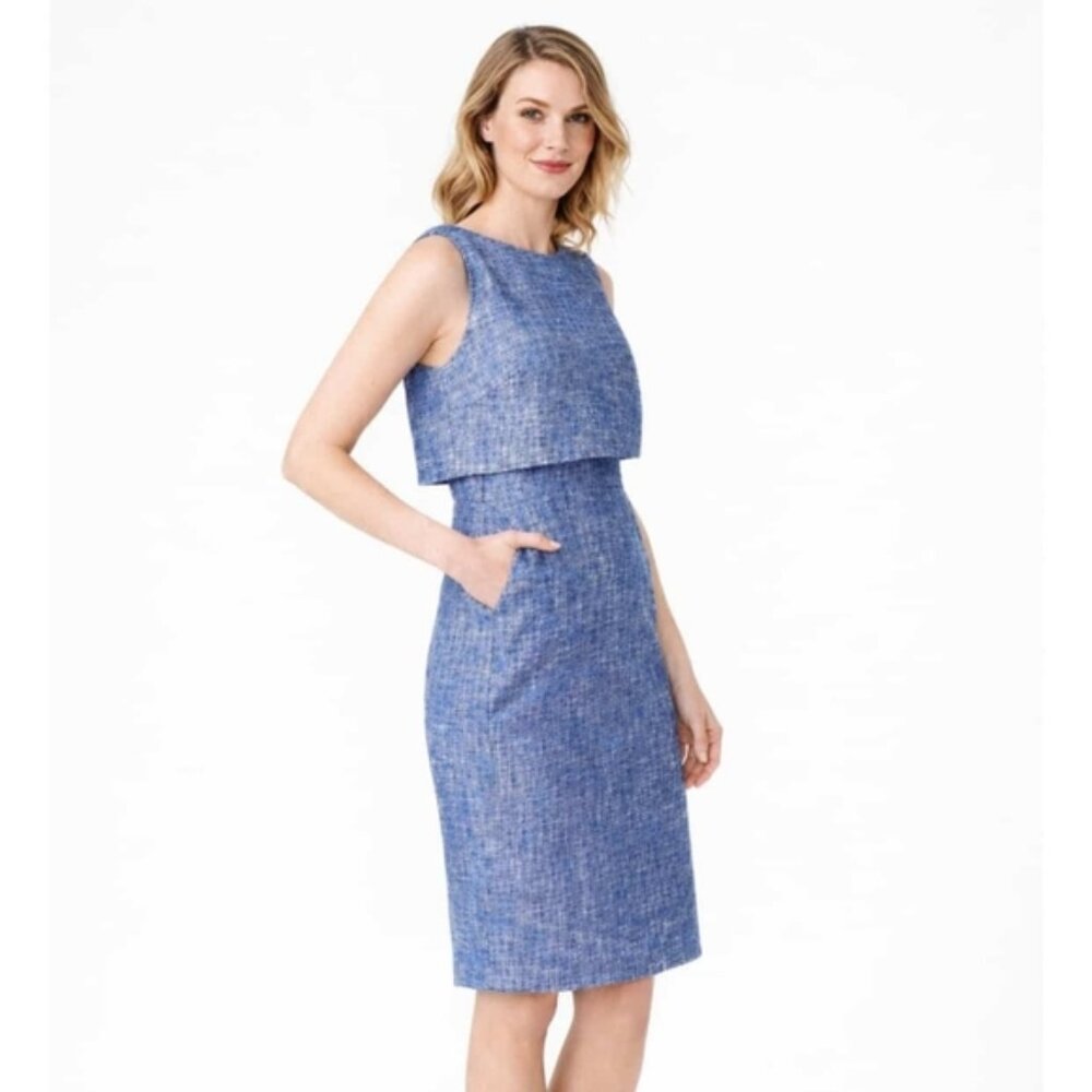 J. Crew Going Places Tweed Blue & White Knee Length Sheath Office Dress